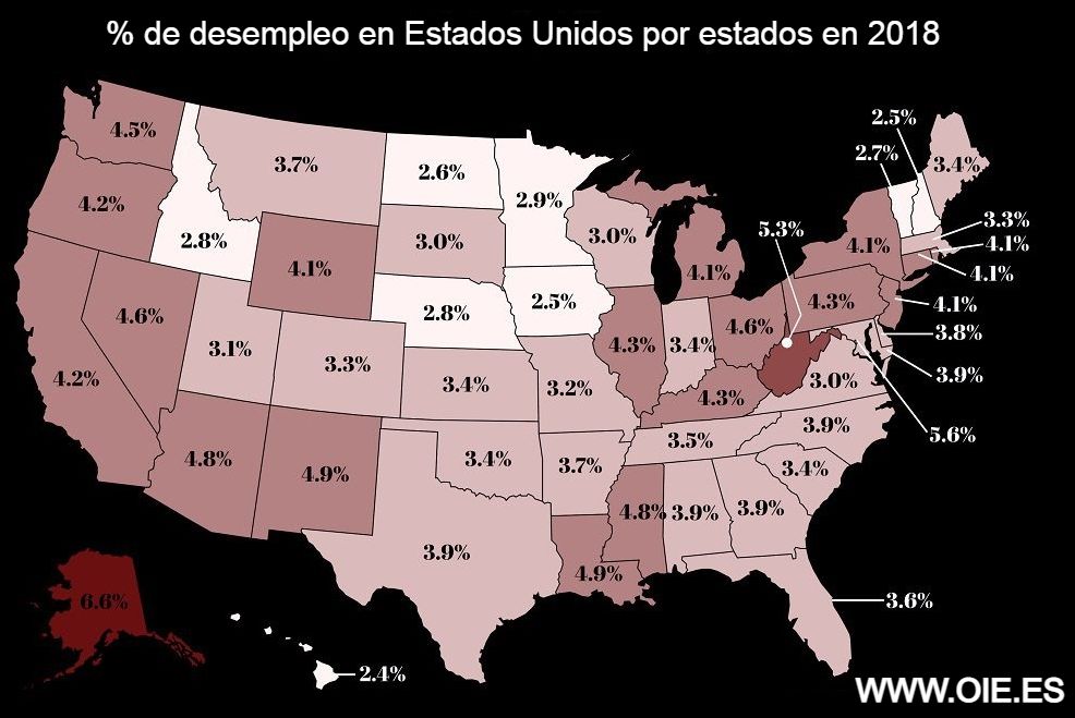 % de desempleo en estados unidos por estados en 2018
